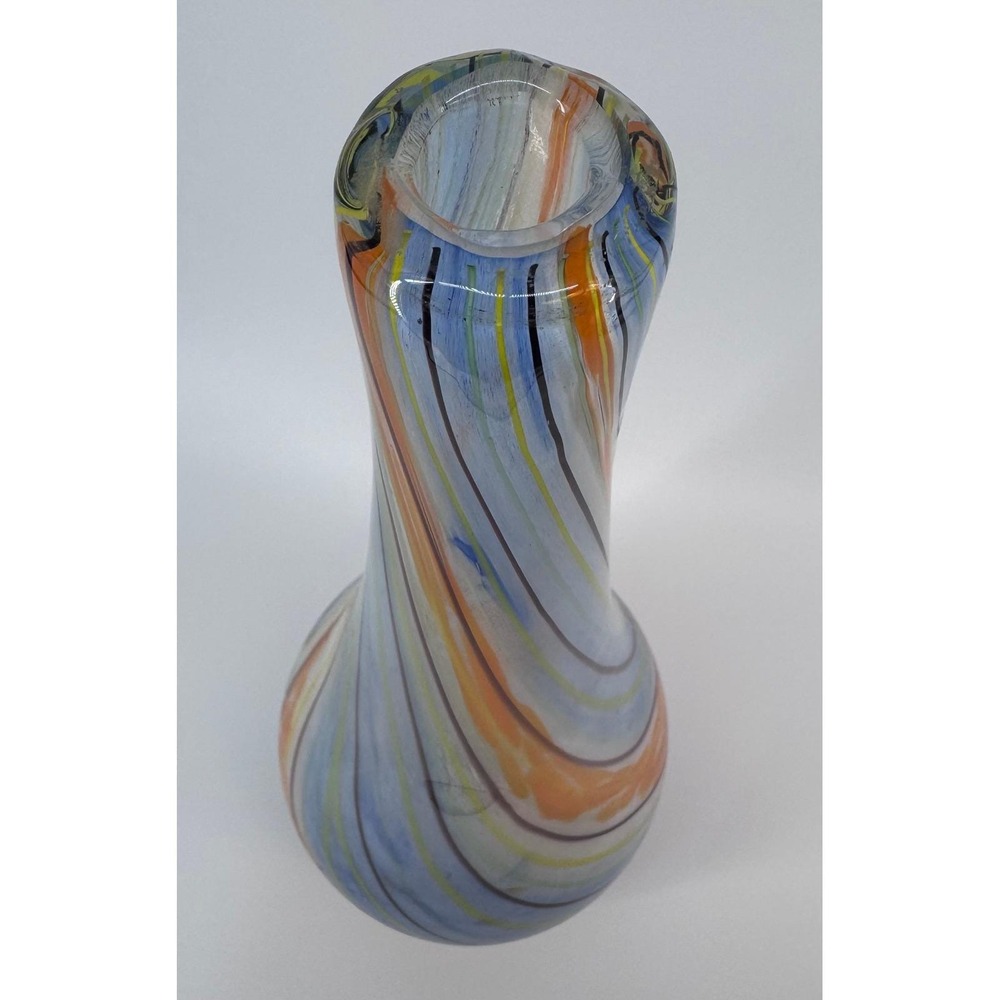 Murano Style Art Glass Vase Swirl Blue Orange Yellow Brown Hand Blown Tall Decor - Picture 2 of 11
